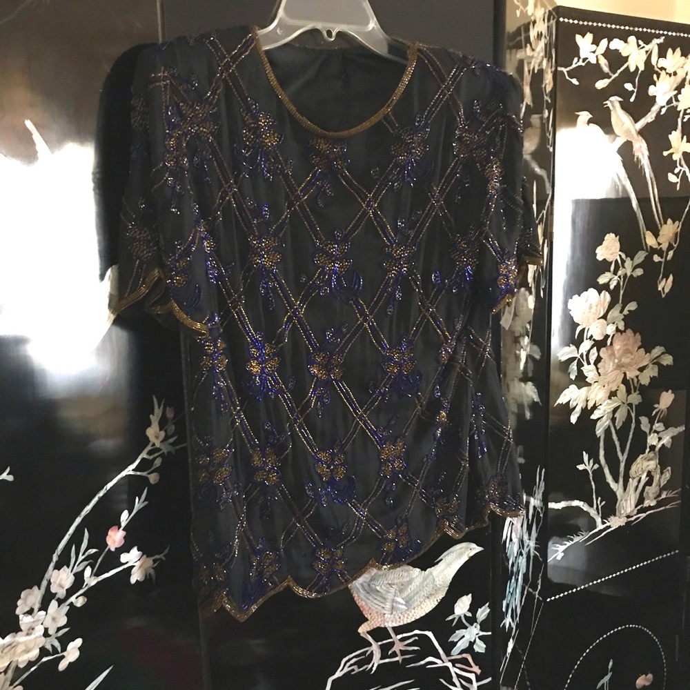 🐼Papell beaded top 100% silk